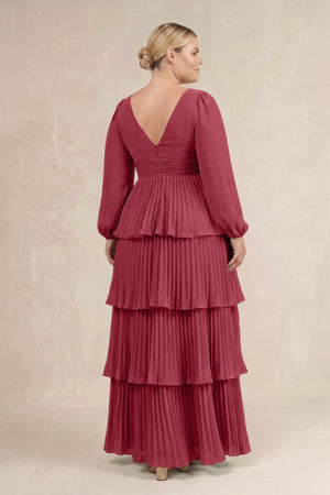 Merlot V-Neck Tiered A-Line Long Sleeve Bridesmaid Dress (4) [sizeplus] | KISSBRIDAL