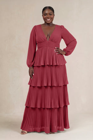 Merlot V-Neck Tiered A-Line Long Sleeve Bridesmaid Dress [sizeplus] | KISSBRIDAL