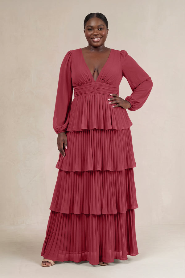 Merlot V-Neck Tiered A-Line Long Sleeve Bridesmaid Dress [sizeplus] | KISSBRIDAL