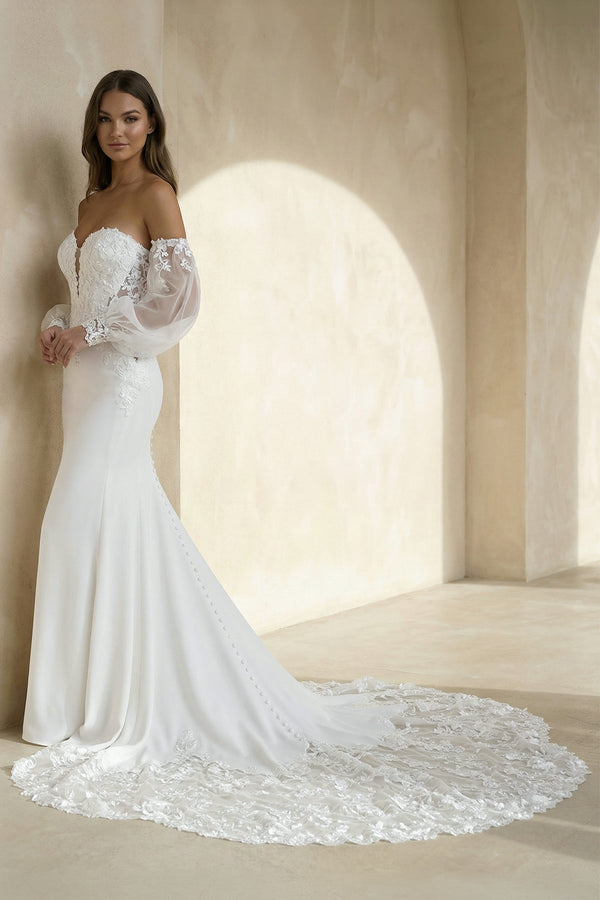 Mermaid Chiffon Tulle Wedding Dress with Appliques in White - KISS BRIDAL Wedding Dresses