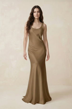 Mermaid Scoop Neck Satin Bridesmaid Dress with Bow in Apple Cinnamon - KISS BRIDAL Bridesmaid Dresses