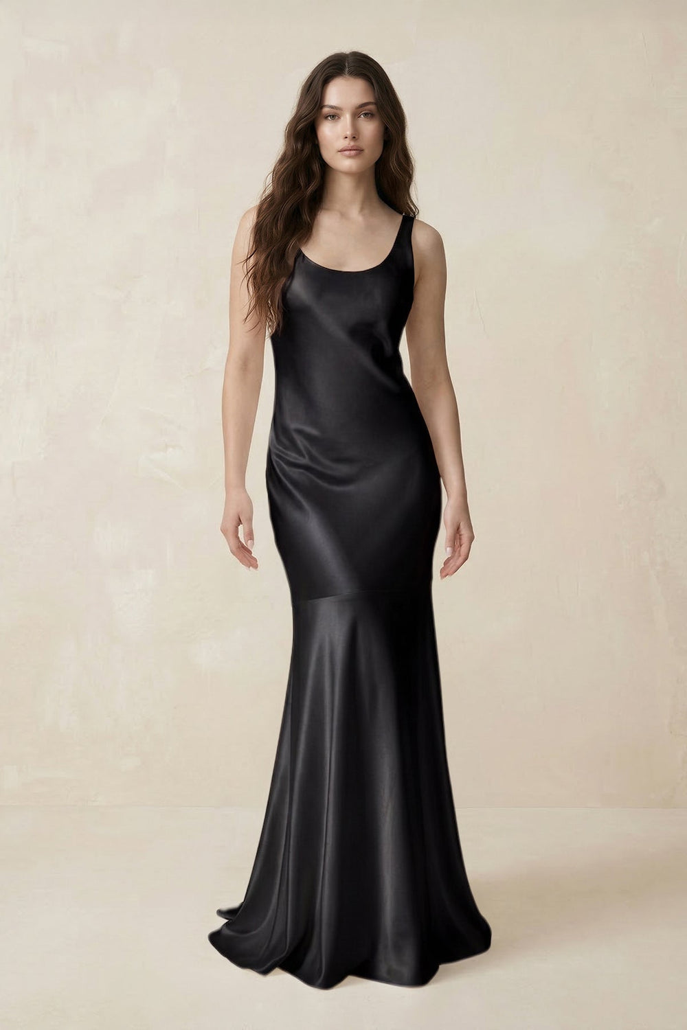 Mermaid Scoop Neck Satin Bridesmaid Dress with Bow in Black