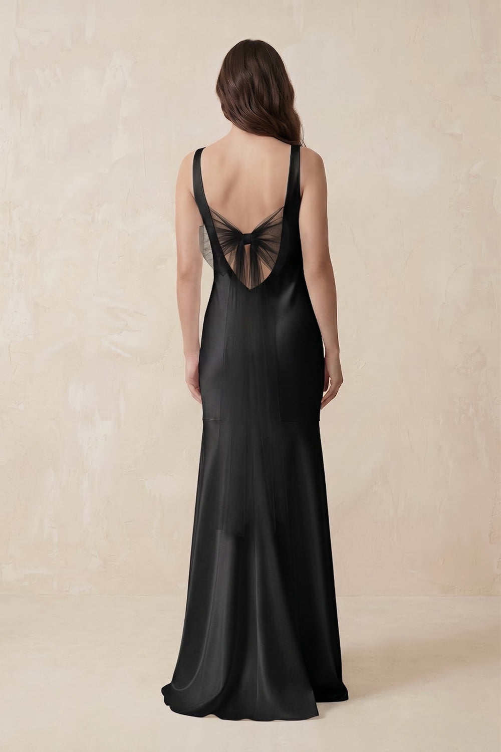Mermaid Scoop Neck Satin Bridesmaid Dress with Bow in Black