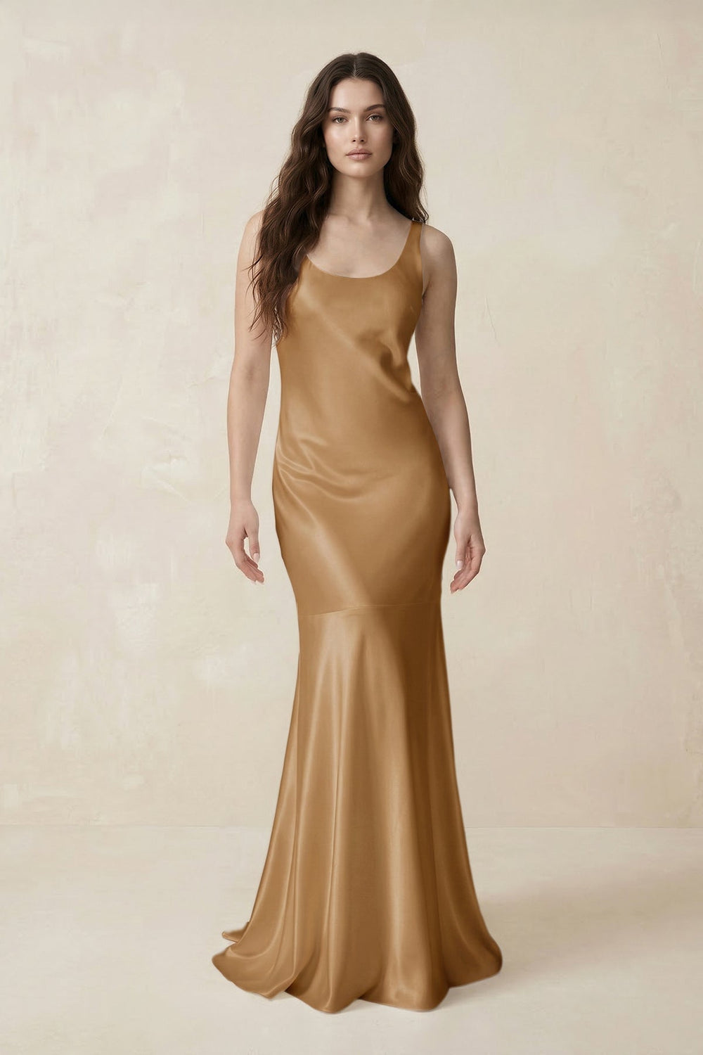 Mermaid Scoop Neck Satin Bridesmaid Dress with Bow in Bronzer