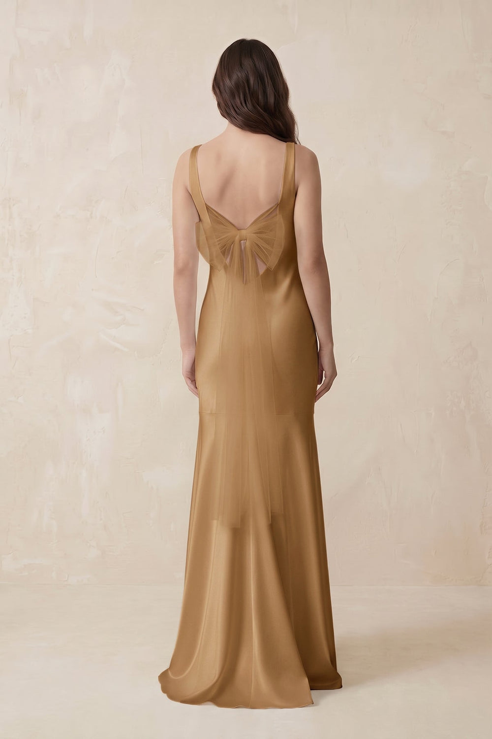 Mermaid Scoop Neck Satin Bridesmaid Dress with Bow in Bronzer