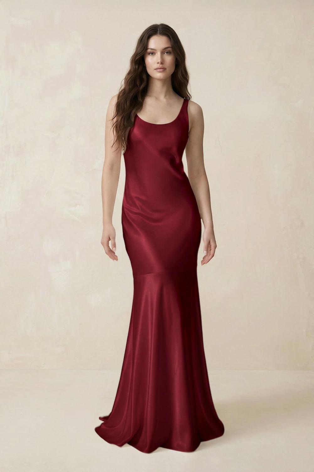 Mermaid Scoop Neck Satin Bridesmaid Dress with Bow in Burgundy