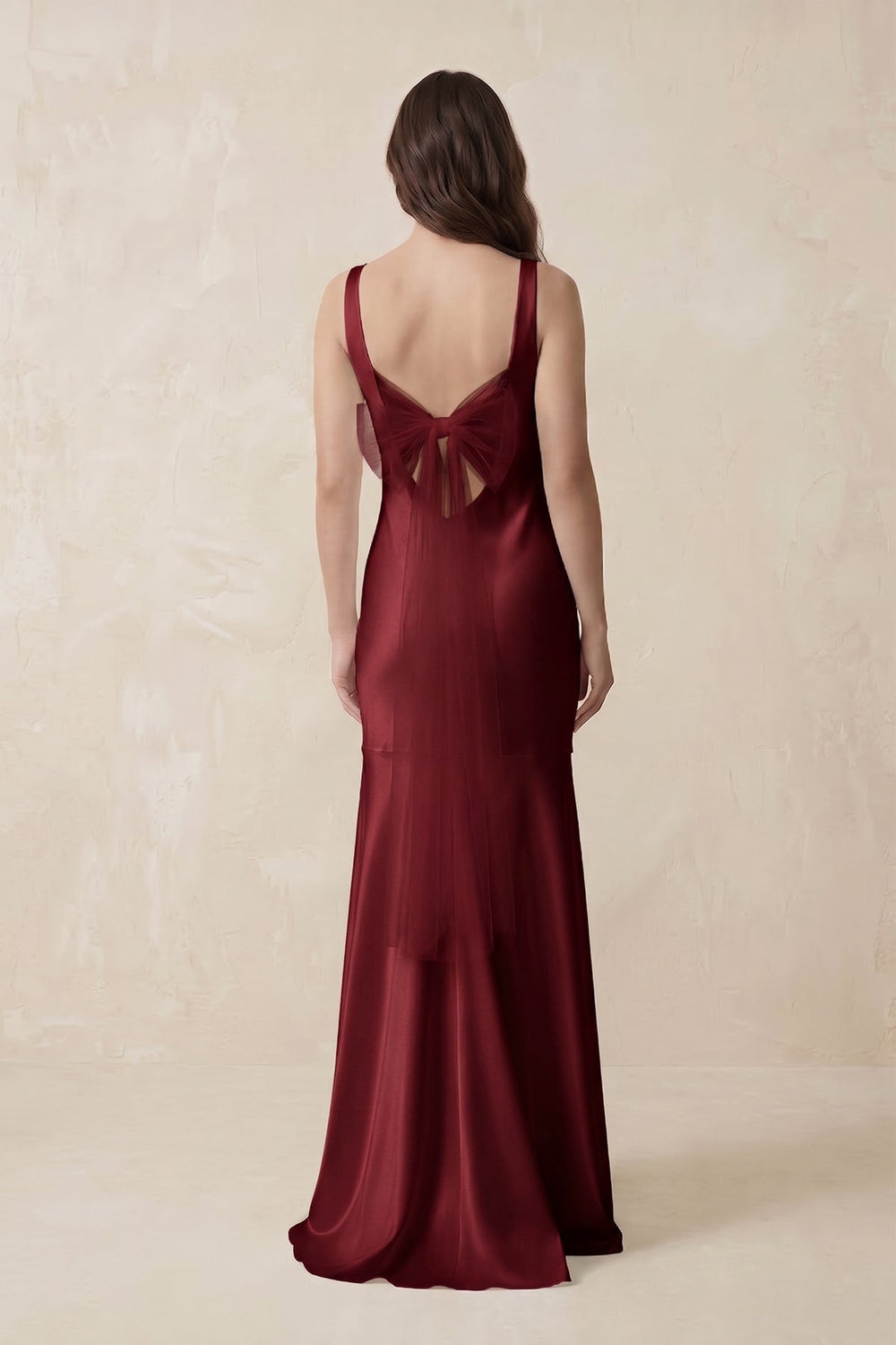 Mermaid Scoop Neck Satin Bridesmaid Dress with Bow in Burgundy