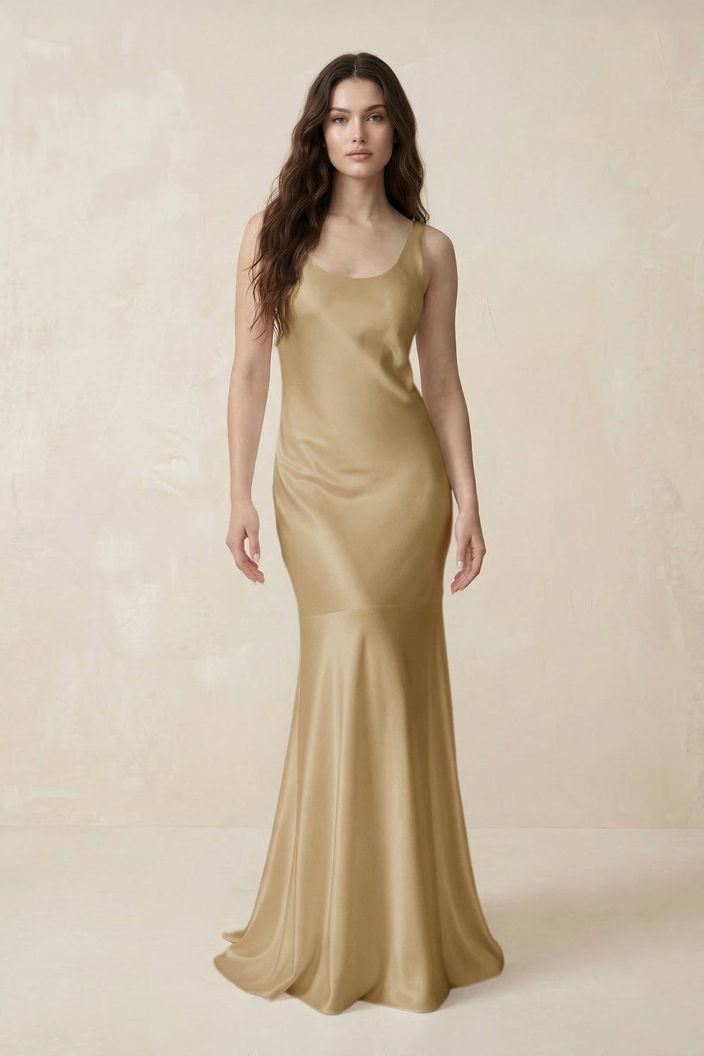 Mermaid Scoop Neck Satin Bridesmaid Dress with Bow in Champagne