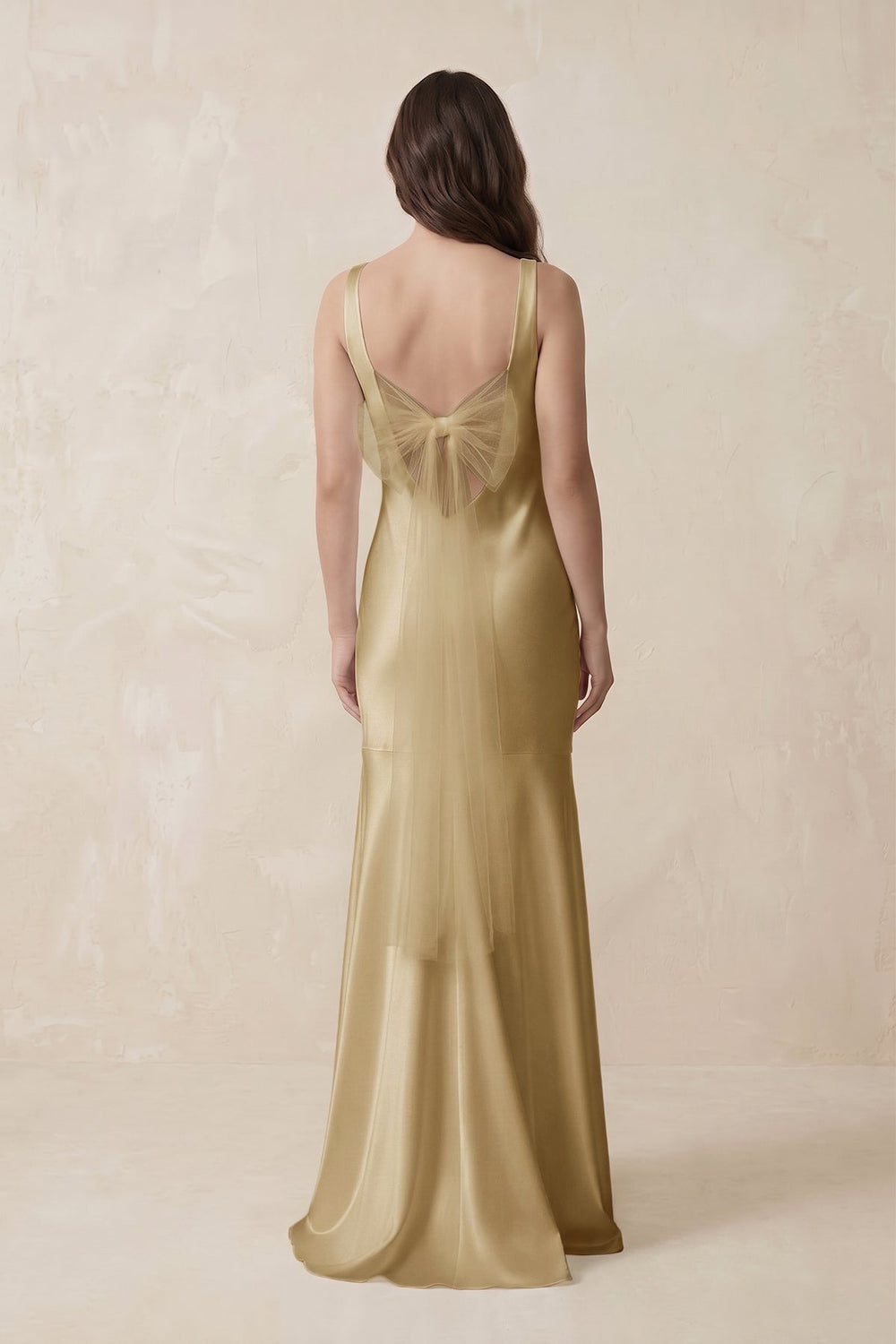 Mermaid Scoop Neck Satin Bridesmaid Dress with Bow in Champagne