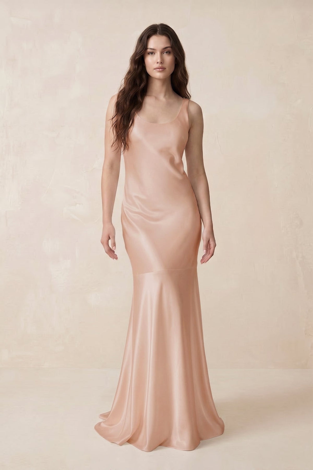 Mermaid Scoop Neck Satin Bridesmaid Dress with Bow in Champagne Rose