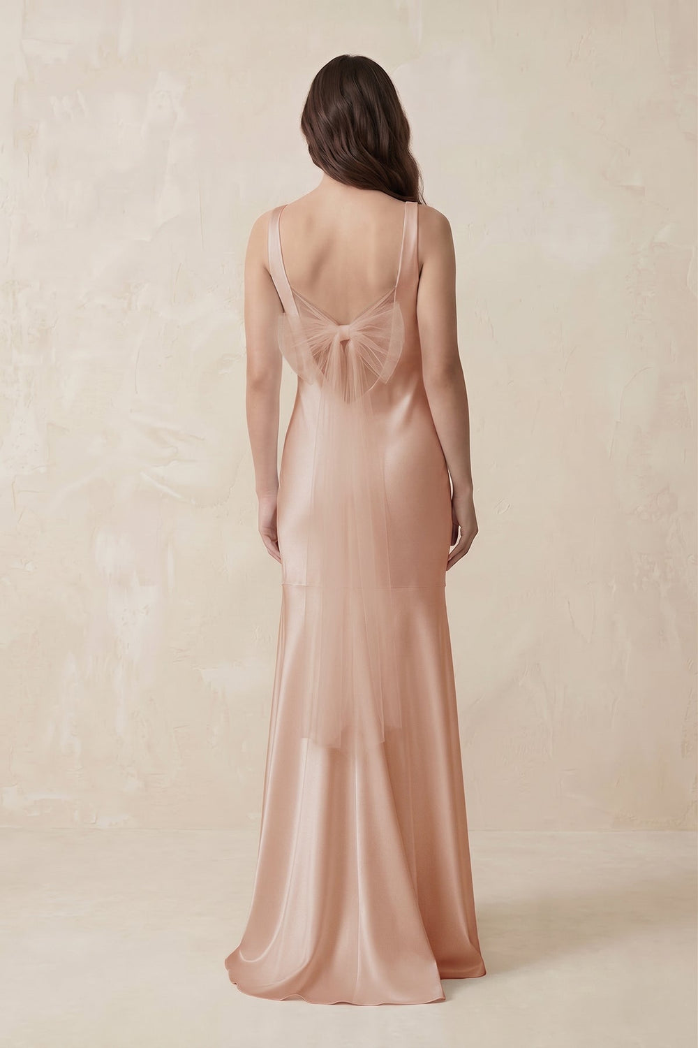 Mermaid Scoop Neck Satin Bridesmaid Dress with Bow in Champagne Rose