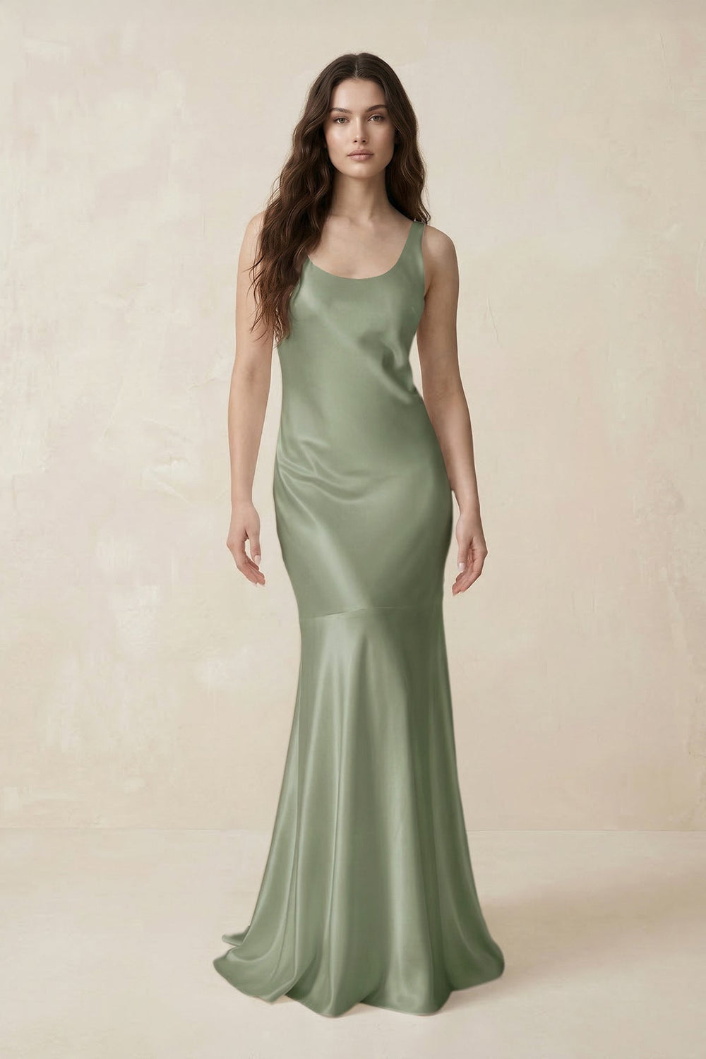 Mermaid Scoop Neck Satin Bridesmaid Dress with Bow in Dove Gray