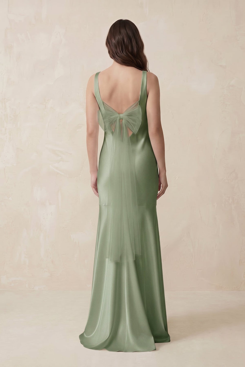 Mermaid Scoop Neck Satin Bridesmaid Dress with Bow in Dove Gray