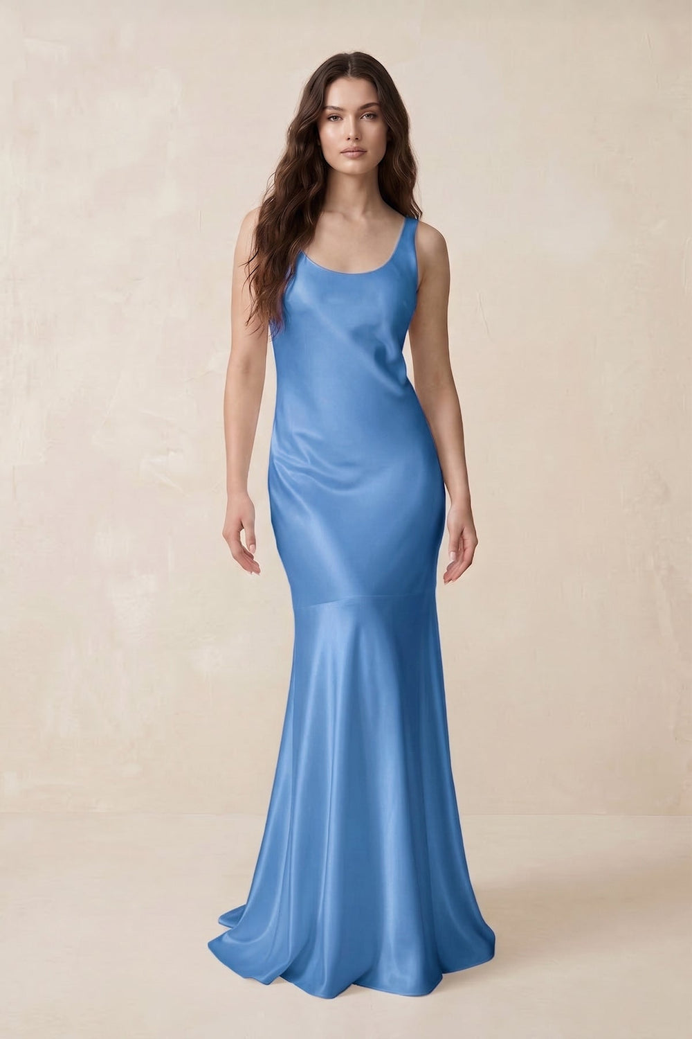 Mermaid Scoop Neck Satin Bridesmaid Dress with Bow in Dusty Blue