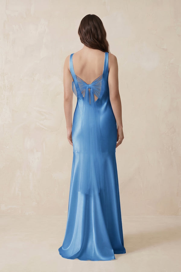 Mermaid Scoop Neck Satin Bridesmaid Dress with Bow in Dusty Blue - KISS BRIDAL Bridesmaid Dresses