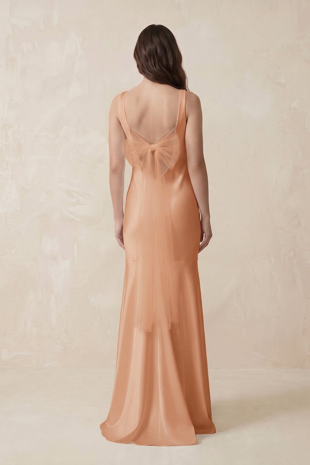 Mermaid Scoop Neck Satin Bridesmaid Dress with Bow in Golden Champagne