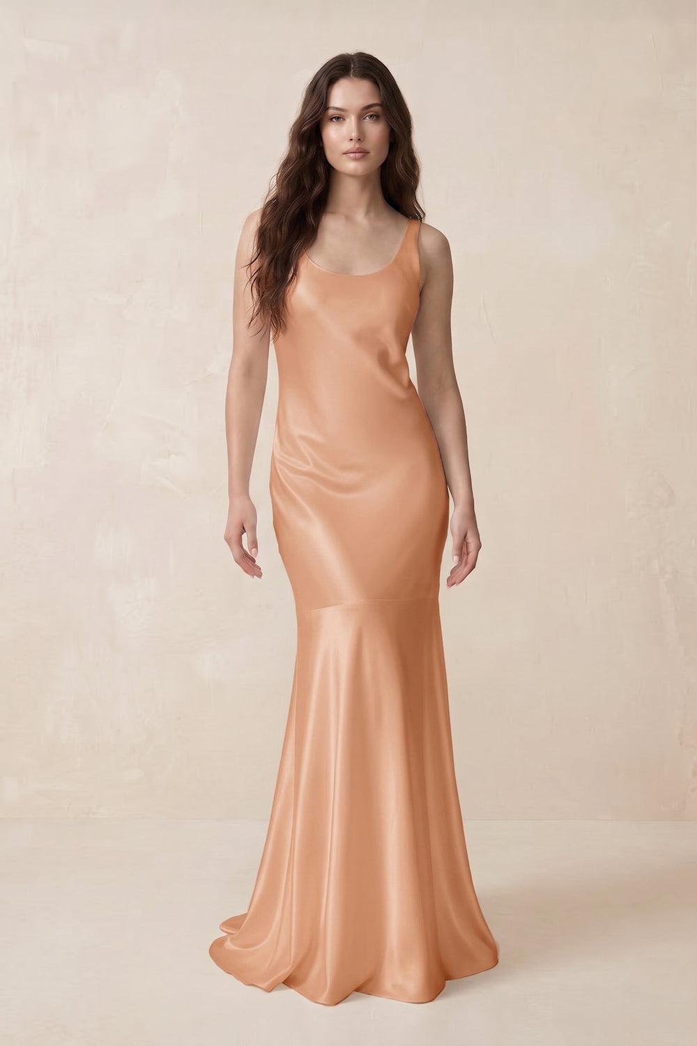 Mermaid Scoop Neck Satin Bridesmaid Dress with Bow in Golden Champagne