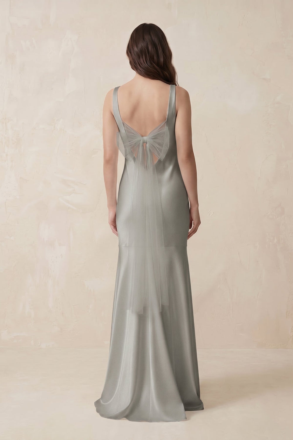 Mermaid Scoop Neck Satin Bridesmaid Dress with Bow in Silver