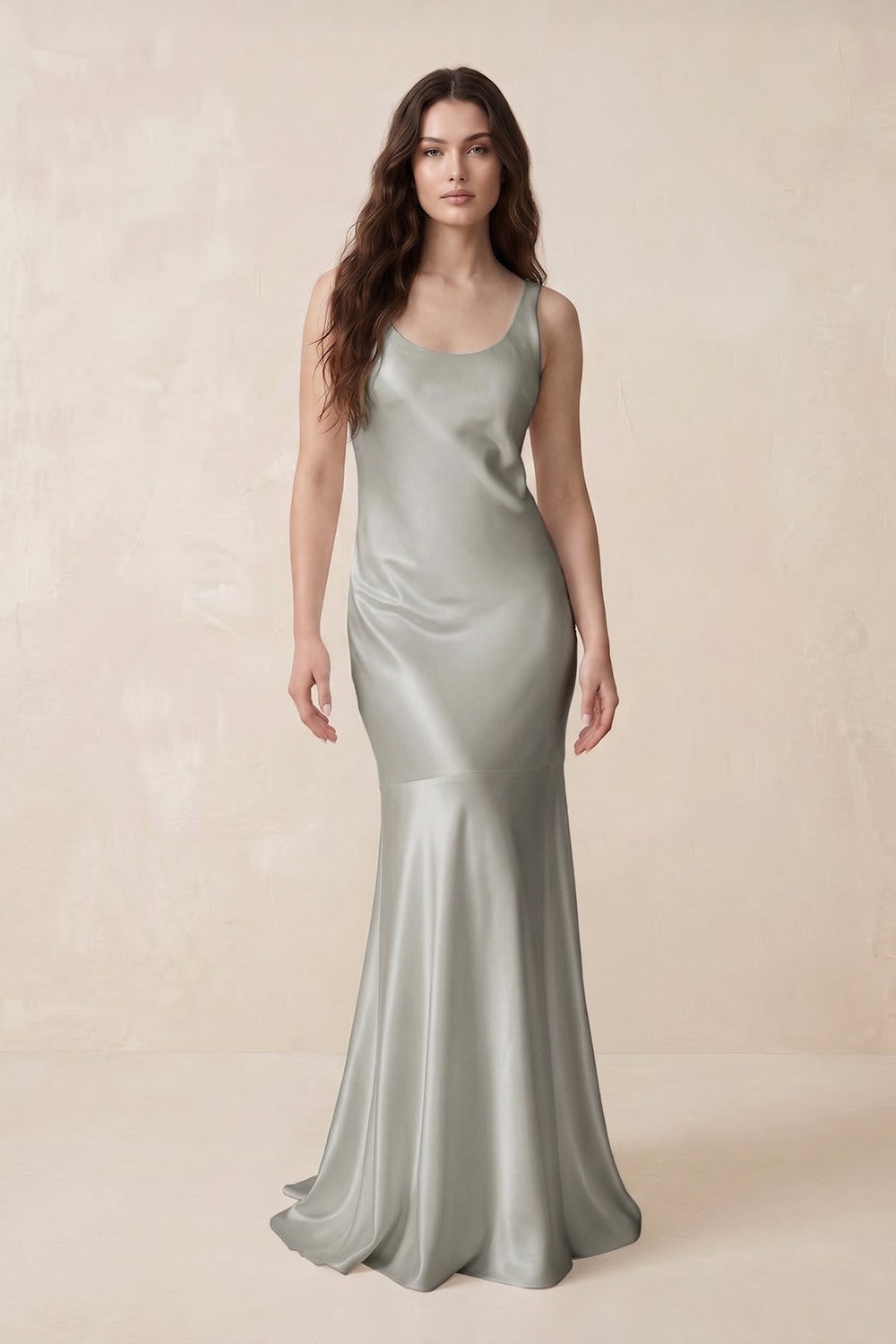 Mermaid Scoop Neck Satin Bridesmaid Dress with Bow in Silver