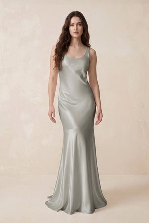 Mermaid Scoop Neck Satin Bridesmaid Dress with Bow in Silver - KISS BRIDAL Bridesmaid Dresses
