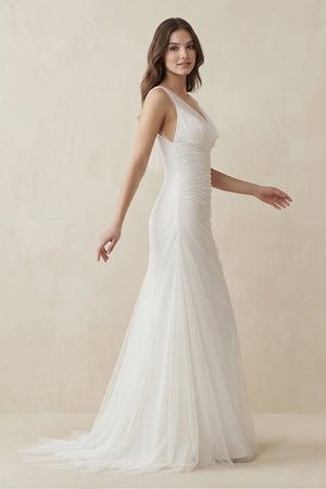 Mermaid Cowl Neck Tulle Wedding Dress in White - KISS BRIDAL Wedding Dresses