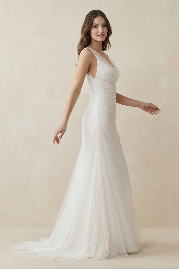 Mermaid Cowl Neck Tulle Wedding Dress in White - KISS BRIDAL Wedding Dresses