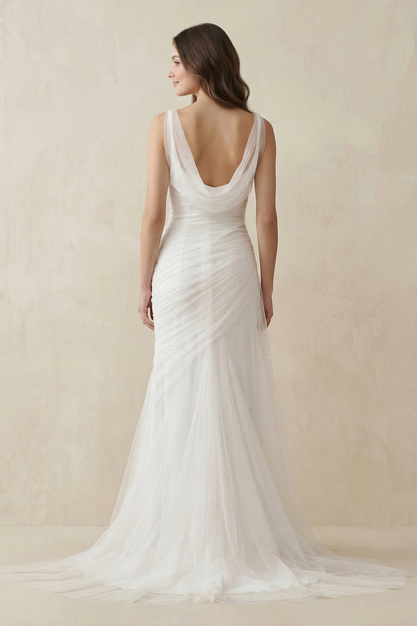 Mermaid Cowl Neck Tulle Wedding Dress in White - KISS BRIDAL Wedding Dresses
