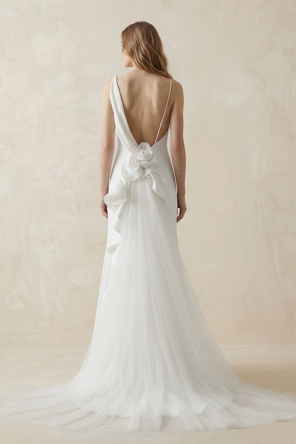 Mermaid Crepe Cowl Neck Wedding Dress with Train in White - KISS BRIDAL Wedding Dresses
