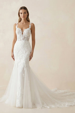 Mermaid Lace V Neck Wedding Dress in White - KISS BRIDAL Wedding Dresses