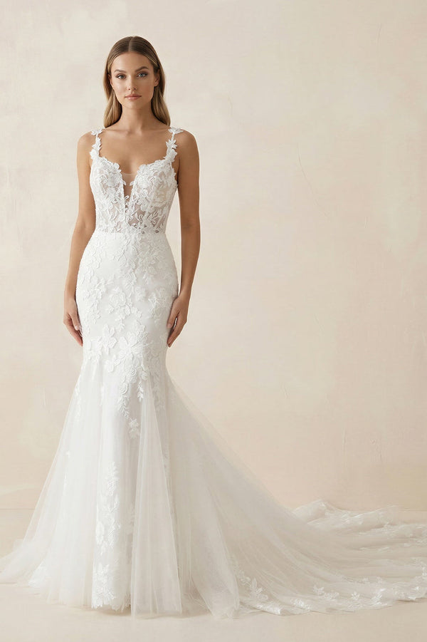 Mermaid Lace V Neck Wedding Dress in White - KISS BRIDAL Wedding Dresses