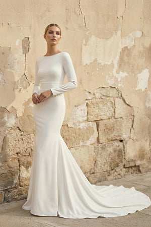 Mermaid Long Sleeves Satin Wedding Dress in Ivory - KISS BRIDAL Wedding Dresses