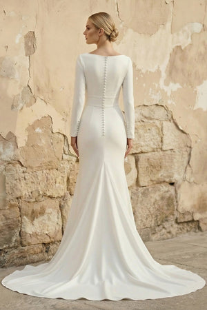 Mermaid Long Sleeves Satin Wedding Dress in Ivory - KISS BRIDAL Wedding Dresses
