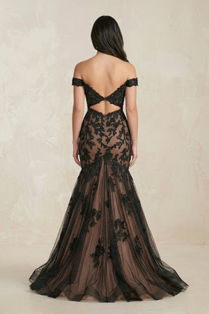 Mermaid Off - the - Shoulder Appliqued Beaded Wedding Dress in Black - KISS BRIDAL Wedding Dresses