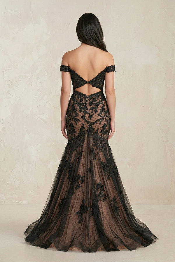 Mermaid Off - the - Shoulder Appliqued Beaded Wedding Dress in Black - KISS BRIDAL Wedding Dresses