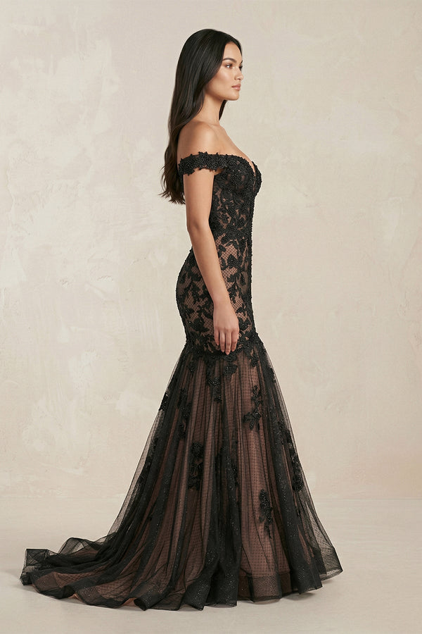 Mermaid Off - the - Shoulder Appliqued Beaded Wedding Dress in Black - KISS BRIDAL Wedding Dresses