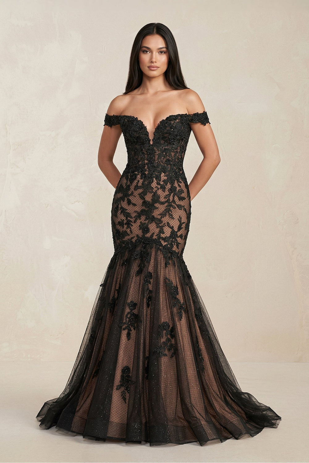 Mermaid Off-the-Shoulder Appliqued Beaded Wedding Dress in Black