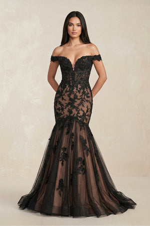 Mermaid Off - the - Shoulder Appliqued Beaded Wedding Dress in Black - KISS BRIDAL Wedding Dresses