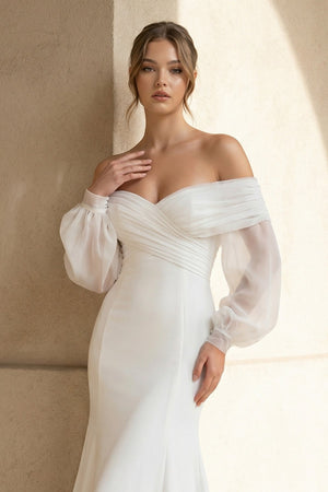 Mermaid Off The Shoulder Satin Wedding Dress in White - KISS BRIDAL Wedding Dresses