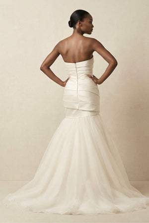 Mermaid Satin Strapless Pleated Wedding Dress in White - KISS BRIDAL Wedding Dresses