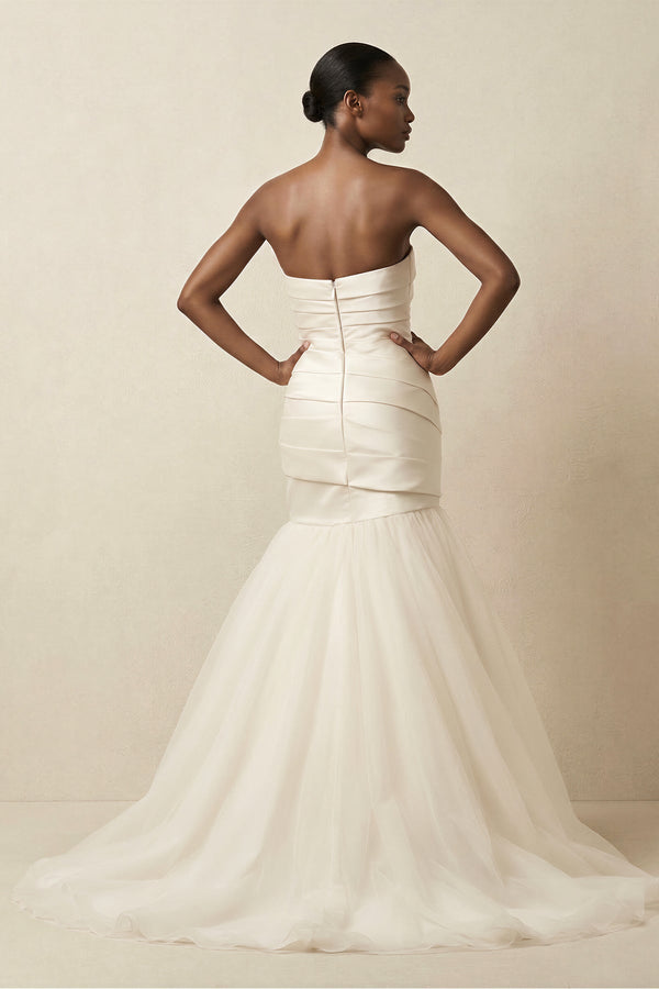 Mermaid Satin Strapless Pleated Wedding Dress in White - KISS BRIDAL Wedding Dresses
