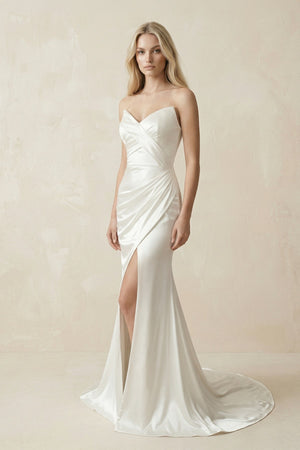 Mermaid Satin Sweetheart Mermaid Wedding Dress With Slit in White - KISS BRIDAL Wedding Dresses