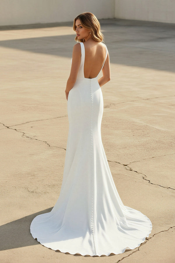 Mermaid Satin V Neck Wedding Dress in White - KISS BRIDAL Wedding Dresses