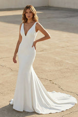 Mermaid Satin V Neck Wedding Dress in White - KISS BRIDAL Wedding Dresses