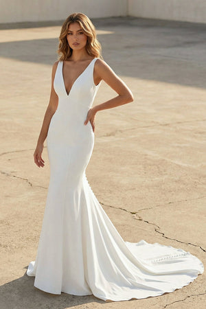 Mermaid Satin V Neck Wedding Dress in White - KISS BRIDAL Wedding Dresses