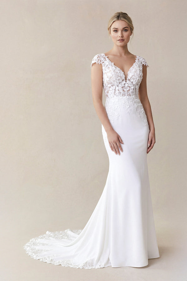 Mermaid Short Sleeves Lace Wedding Dress With Appliques in White - KISS BRIDAL Wedding Dresses