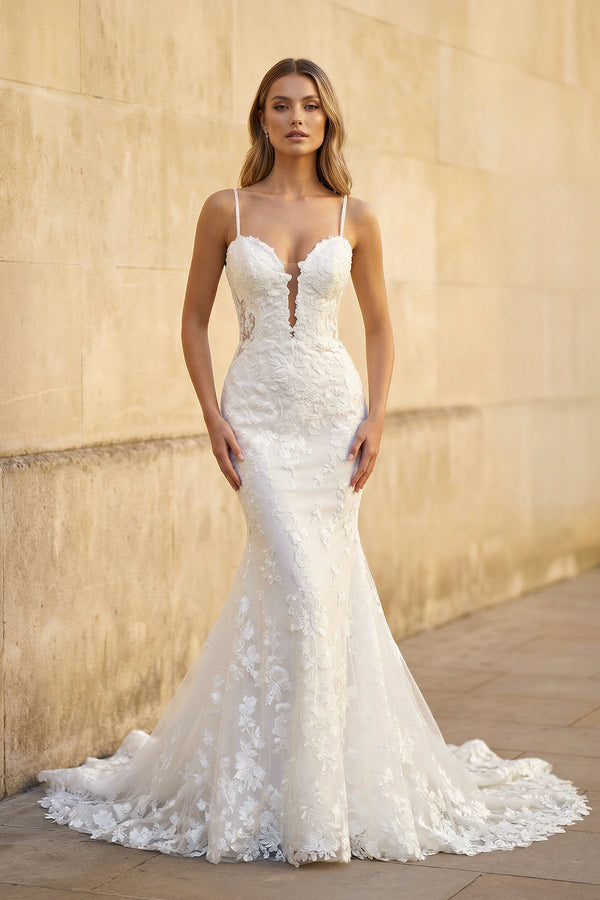 Mermaid Spaghetti Straps Lace Wedding Dress in White - KISS BRIDAL Wedding Dresses