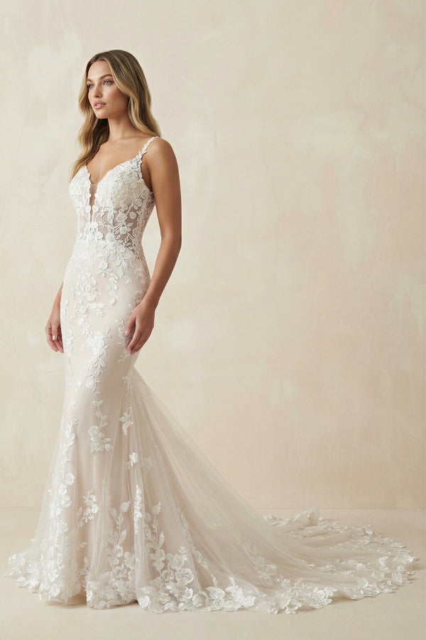 Mermaid Spaghetti Straps Lace Wedding Dress in White and Nude - KISS BRIDAL Wedding Dresses