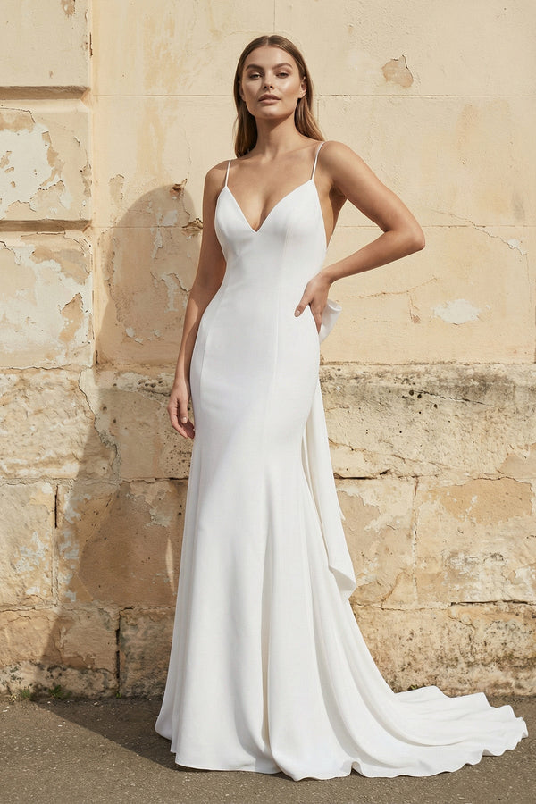 Mermaid Spaghetti Straps V - Neck Wedding Dresses in White - KISS BRIDAL Wedding Dresses