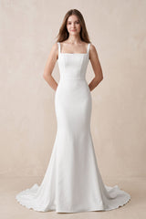 Mermaid Square Neck Satin Wedding Dress in White - KISS BRIDAL Wedding Dresses