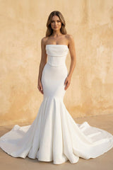 Mermaid Strapless Satin Wedding Dress in White - KISS BRIDAL Wedding Dresses